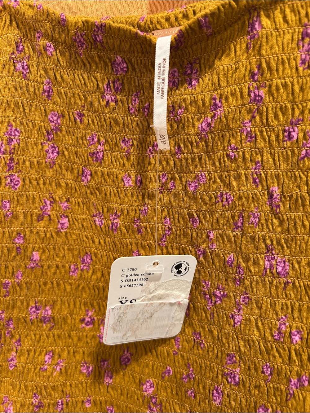 NWT, Free People, Marigold Smocked Crop Top Golden Combo - XS - Picture 6 of 8